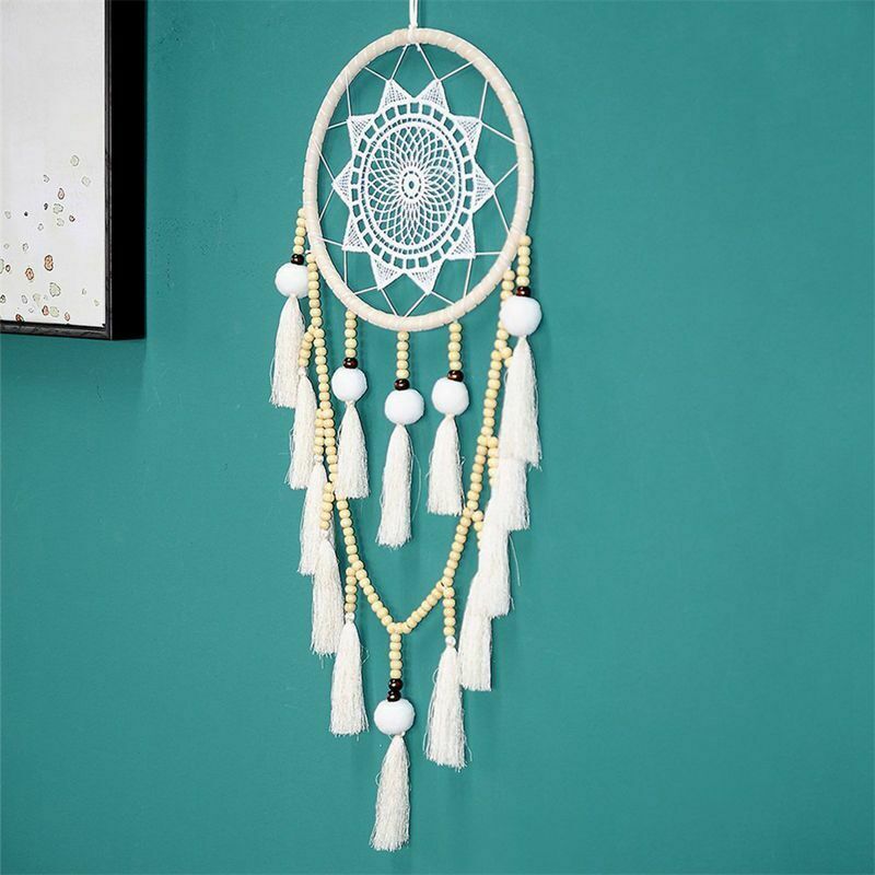 Macrame Wall Hanging Dream Catcher Large Natural Hairball (Beads with tassel) V8