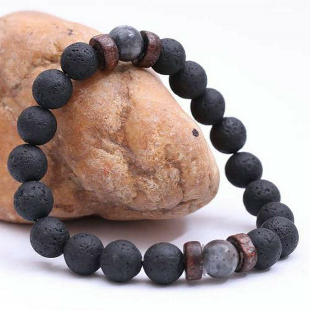 Men Women 8mm Lava Rock Bracelet Elastic Natural Stone Yoga Beads Bracelet JT