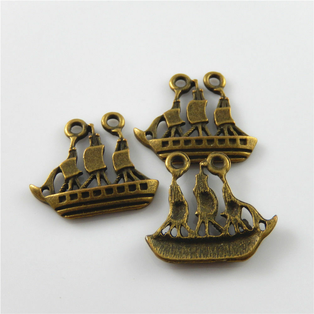 30 PCS Retro Bronze Sail Boat Pendant Alloy Ship Charm Nautical Jewelry 24*22mm