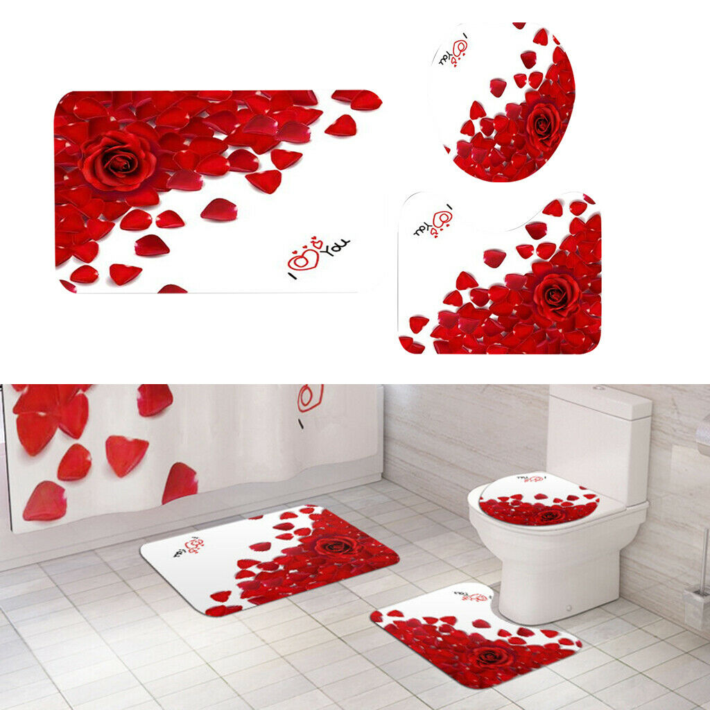 2Set 3Pcs Red Rose Pattern Toilet Lid Cover Bath Rug Set Shower Ensemble
