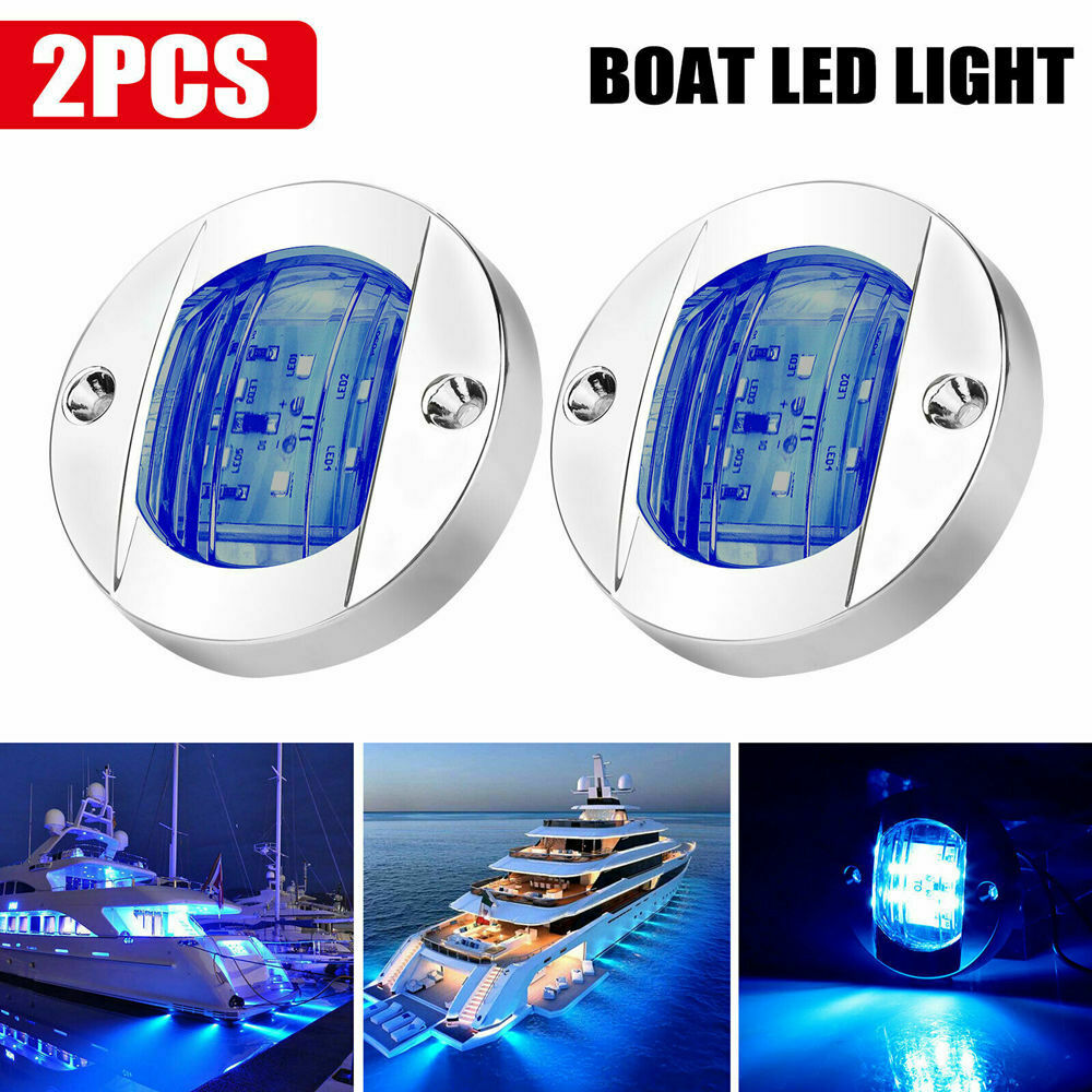 2X Round Marine Boat LED Courtesy Lights Cabin Deck Stern Navigatioin Light Blue