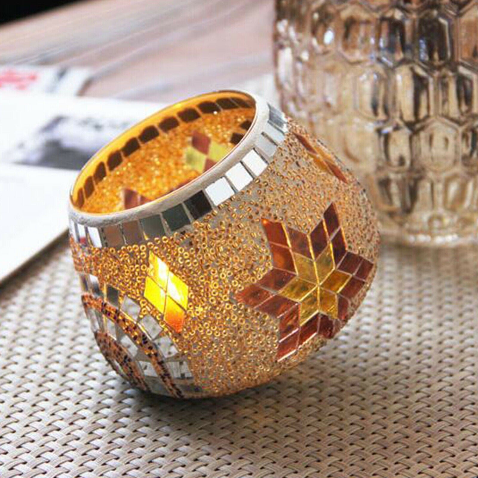 Mosaic Round Glass Gyro Candle Holder Ornament Decor Home Restaurant Spa Orange