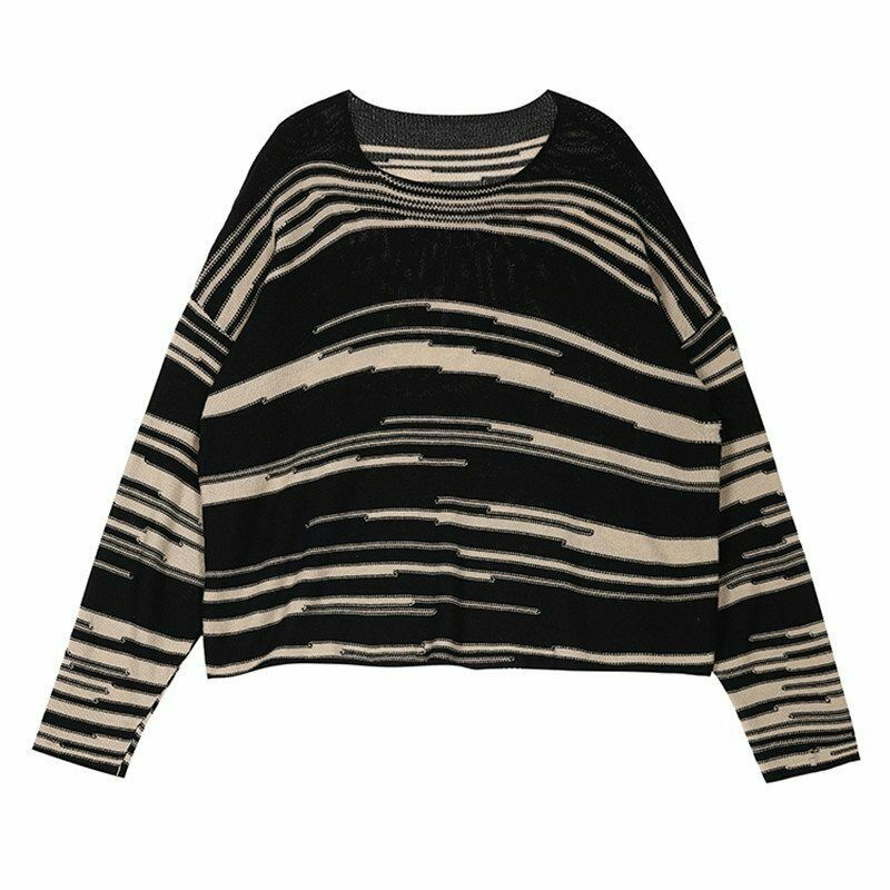 Knitted Striped Jumpers Loose Sweater Long Sleeve Oversize Pullover Casual Retro