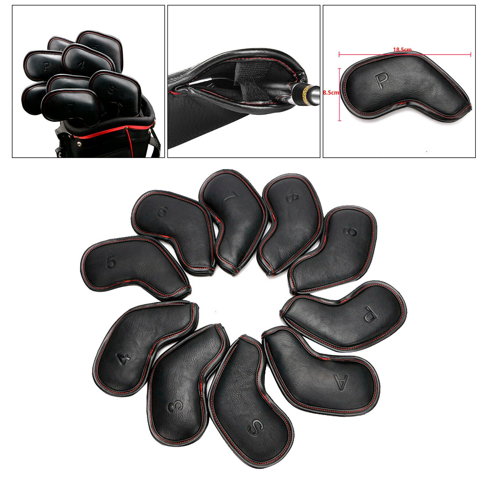 10PCS Golf Club Covers for Iron Headcovers Black 3-9 S,A,P Protector Sleeves
