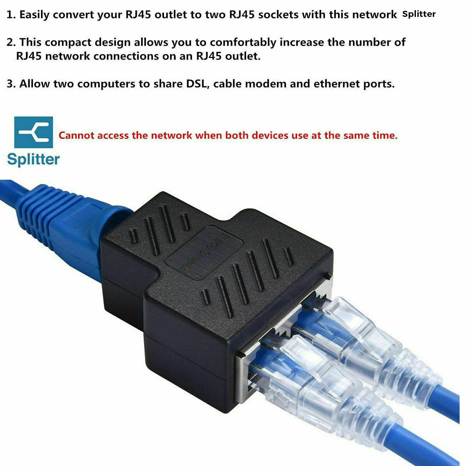 RJ45 Splitter Adapter 1 to 2 Ways Dual Female Connector Ethernet Cable LAN Port