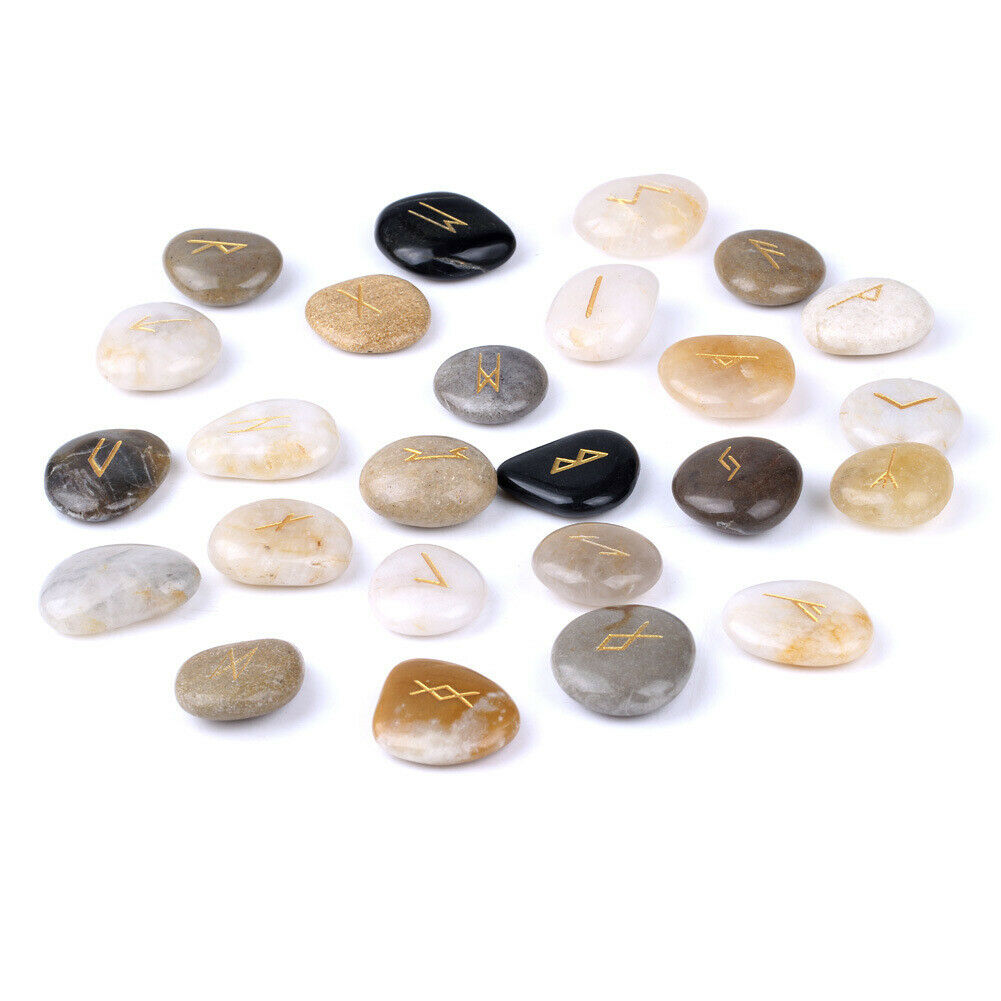 25pcs/SET Natural Cobblestone Rune Engraved Set Healing Reiki Tumble Stones