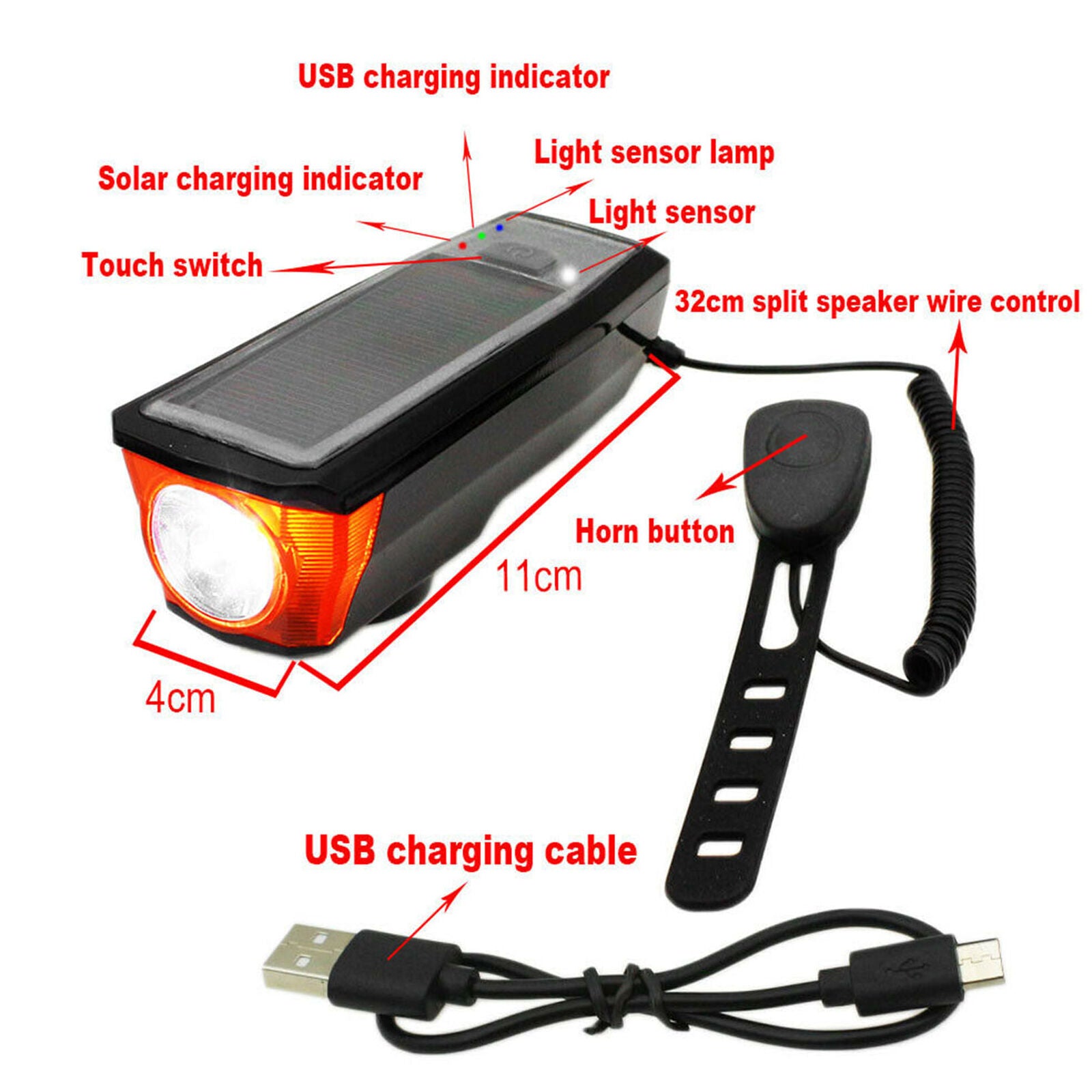 Solar Powered USB Rechargeable LED Bicycle Headlight Bike Head Light Lamp + Horn