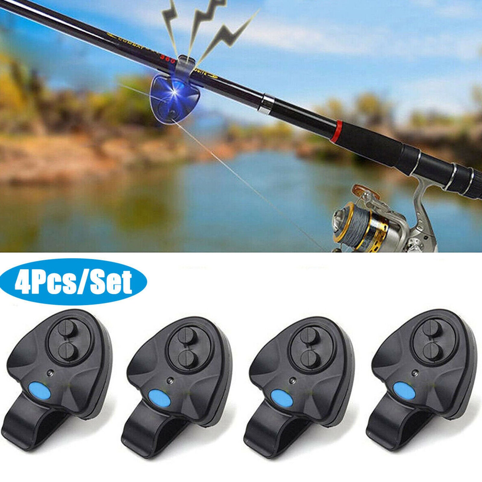 4 x Electronic LED Light Fishing Bite Sound Alarm Alert Bell Clip On Fishing Rod