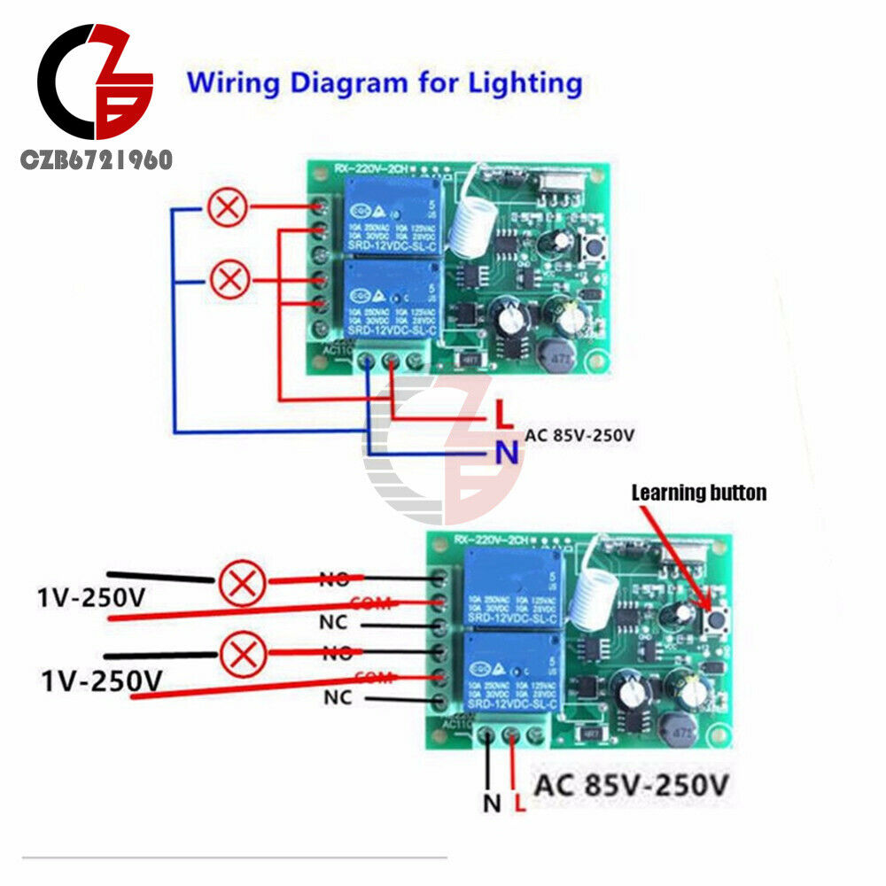 AC 220V 10A 433MHz 2CH Channel Wireless RF Relay Remote Control Switch Receiver
