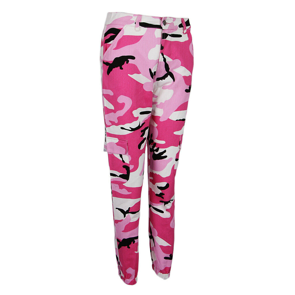 Women Camo Cargo Pants Jogger Casual Trousers Ankle Band BUD Pants Pink S