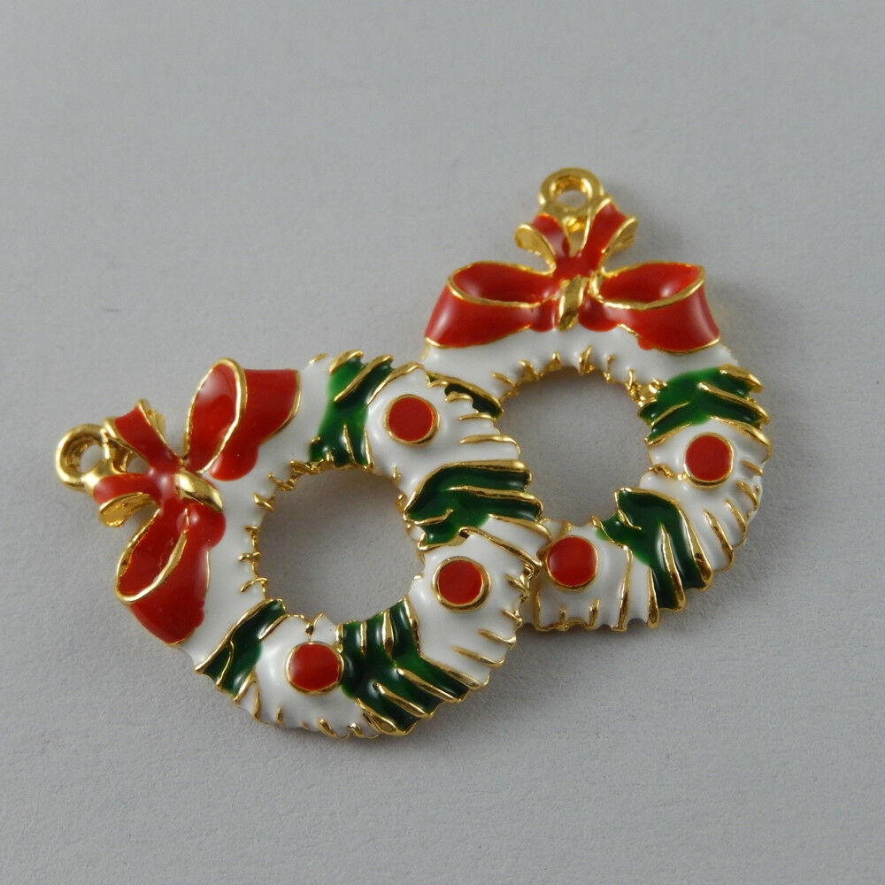 10 pcs Christmas Bowknot Floral Garland Charm Oil Drip Pendant Findings 27x19mm