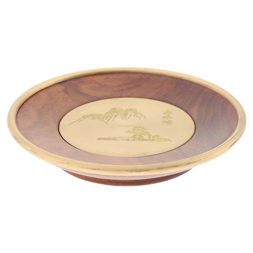 2 Pieces Wooden Tea Mat Copper Wrapped Edging Scenery Pattern