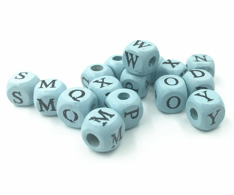50X Light Blue Wood Spacer Beads Alphabet Cube Mixed For jewelry Making 10x10mm