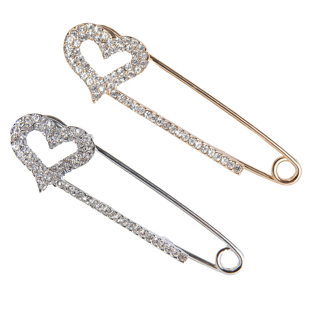 2 Pieces Crystal Safety Pin Scarf Coat Gown Clip Collar Lapel Pin Heart