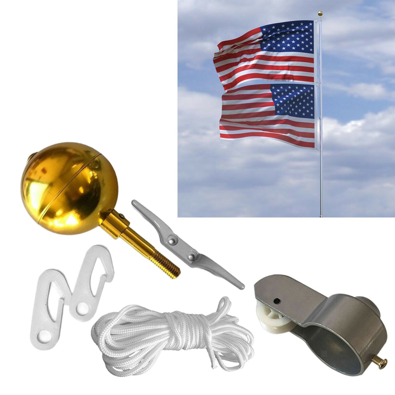 Outdoor Garden Flagpole Hardware Kit for 2"OD Tube 3" Topper Ball Ornament