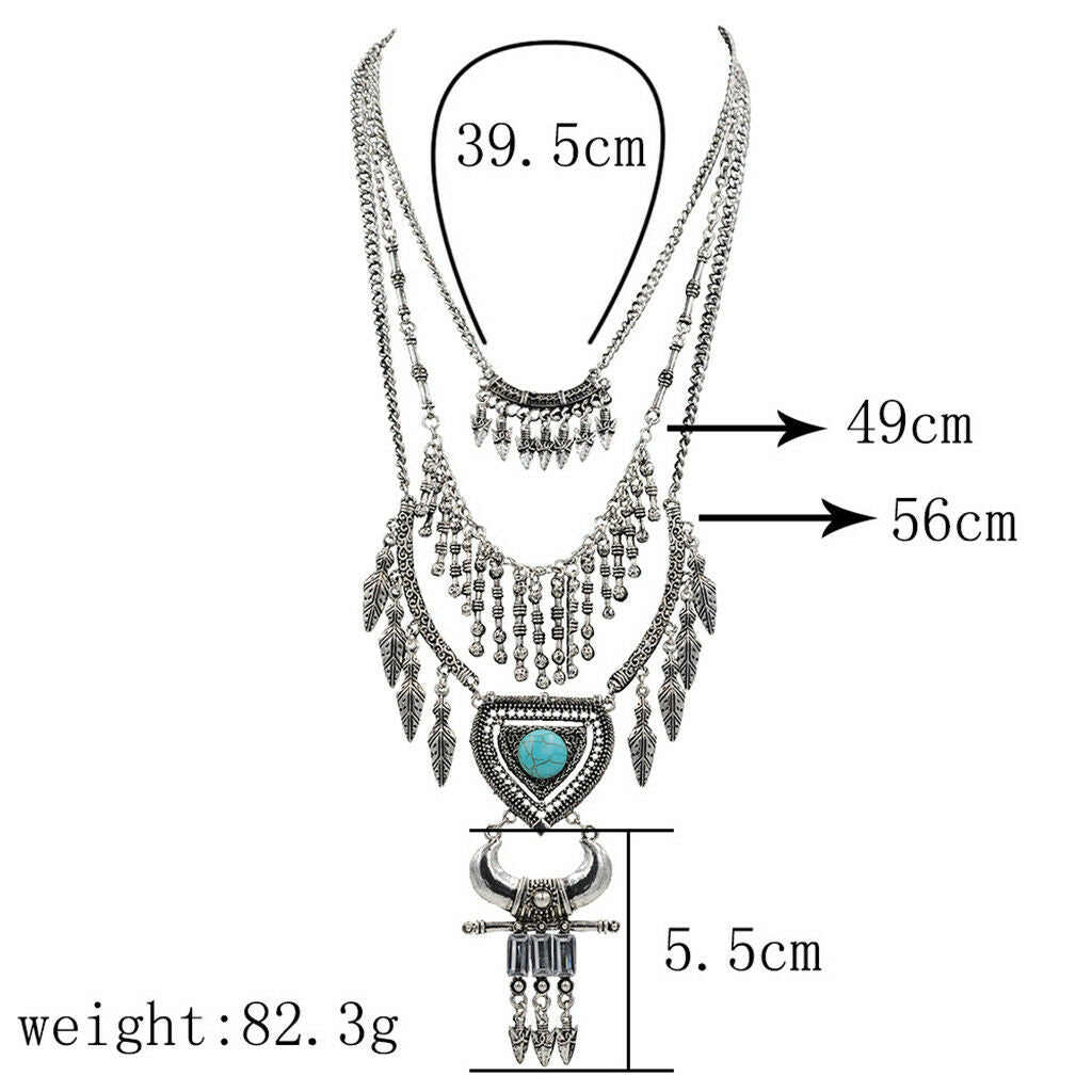 Retro multi-layer leaf arrow fringe heart-shaped turquoise horn necklace