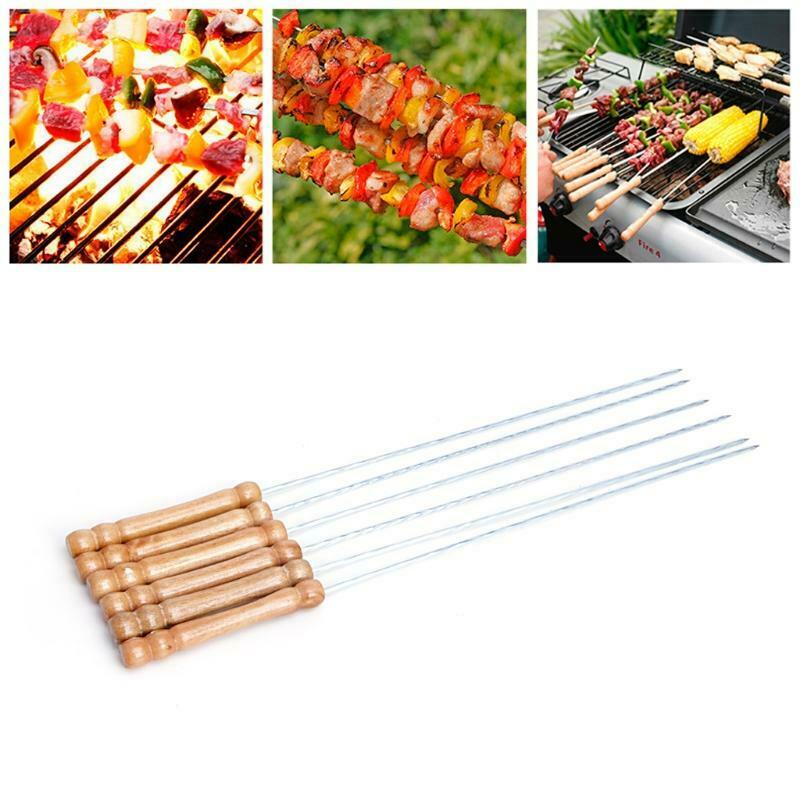 Stainless Steel BBQ Roast Barbecue Skewer Grill Kebab Needles Stick Wood Handle