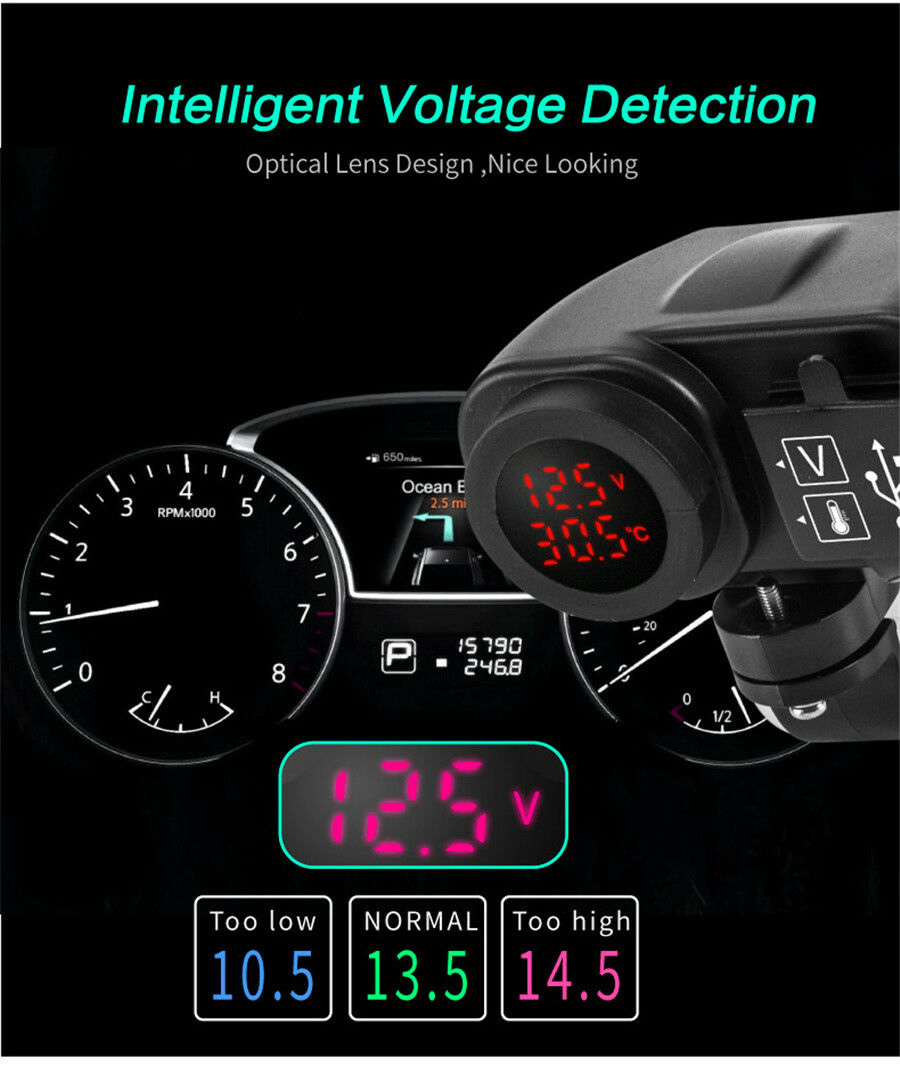 12V Dual USB Charger w/ Digital Voltmeter Real-time Outside Temperature Display