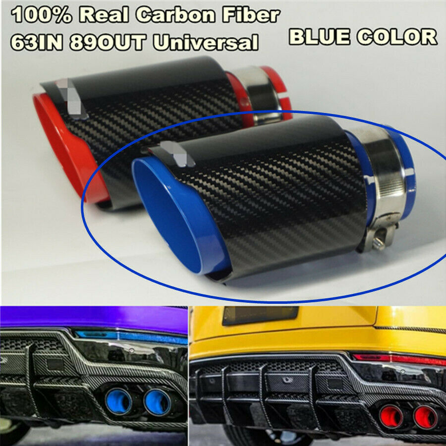63mm - 89mm Black &Blue 100%Carbon Fiber Sport Style Glossy Exhaust Tips Muffler