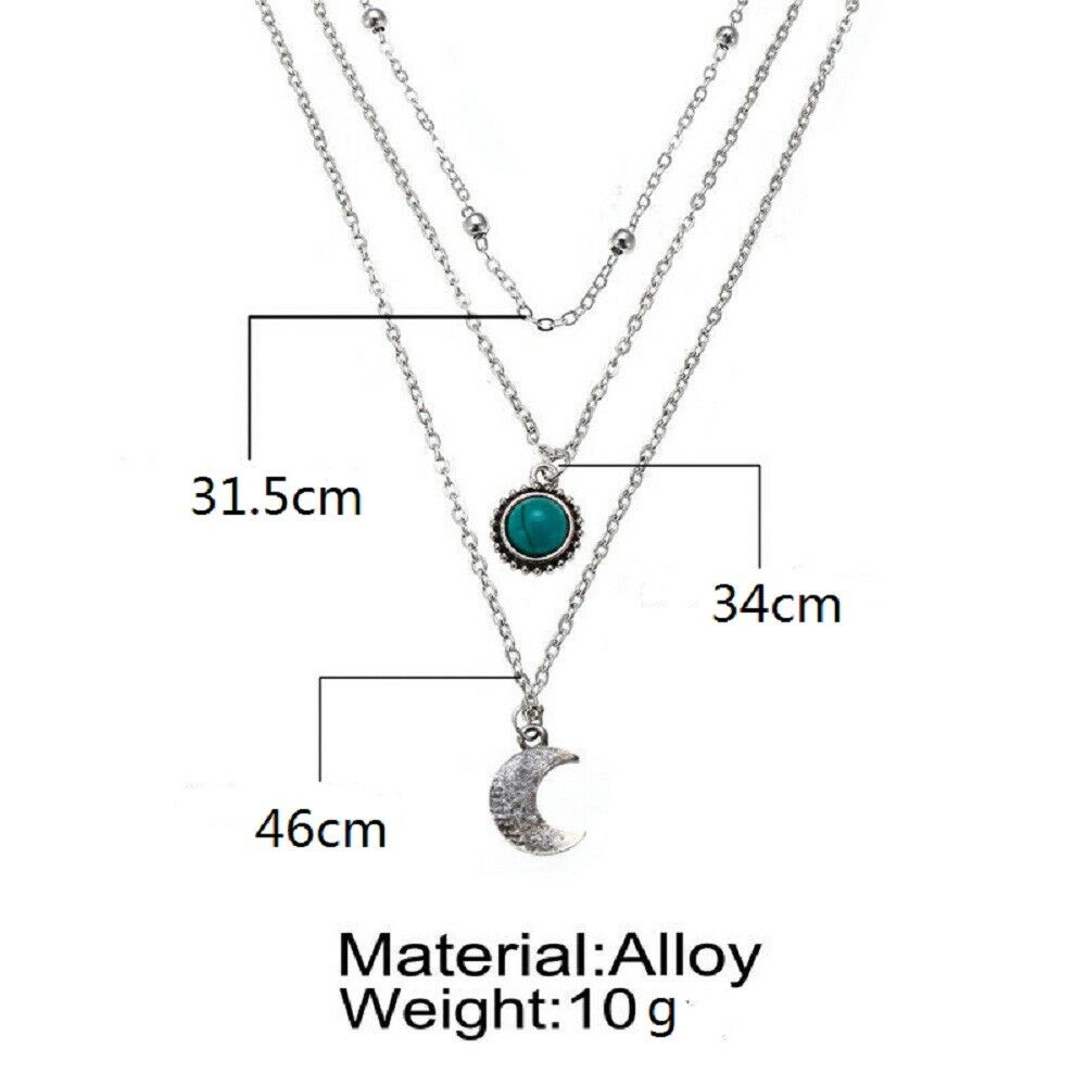 Fashion Multi-Layer Choker Turquoise Moon Pendant Chain Necklace Boho Jewelry
