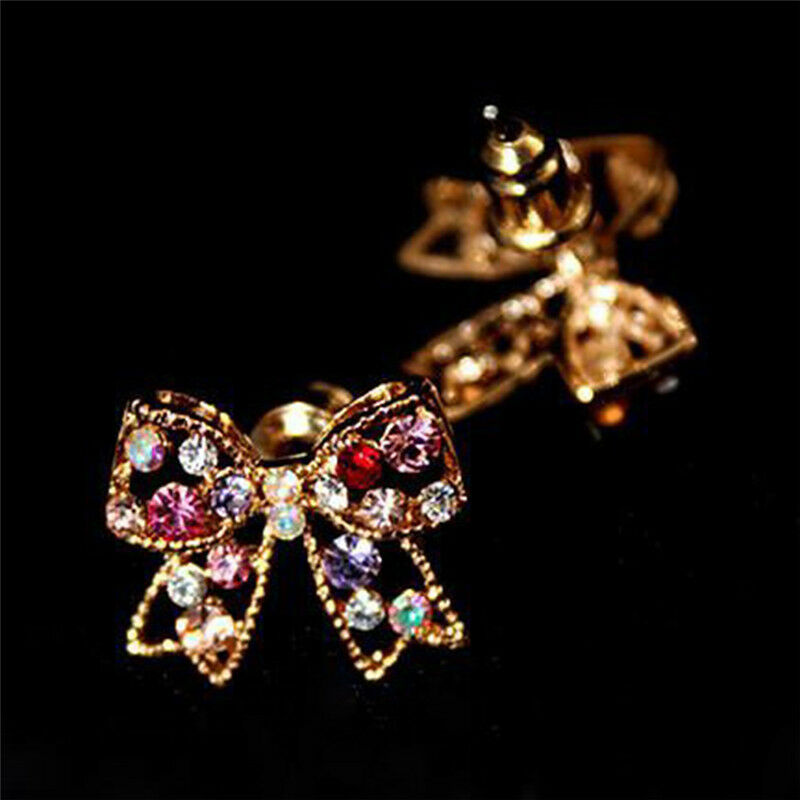 Charming Girl's Colorful Crystal Rhinestone Golden Bowknot Charm Stud Earring LQ