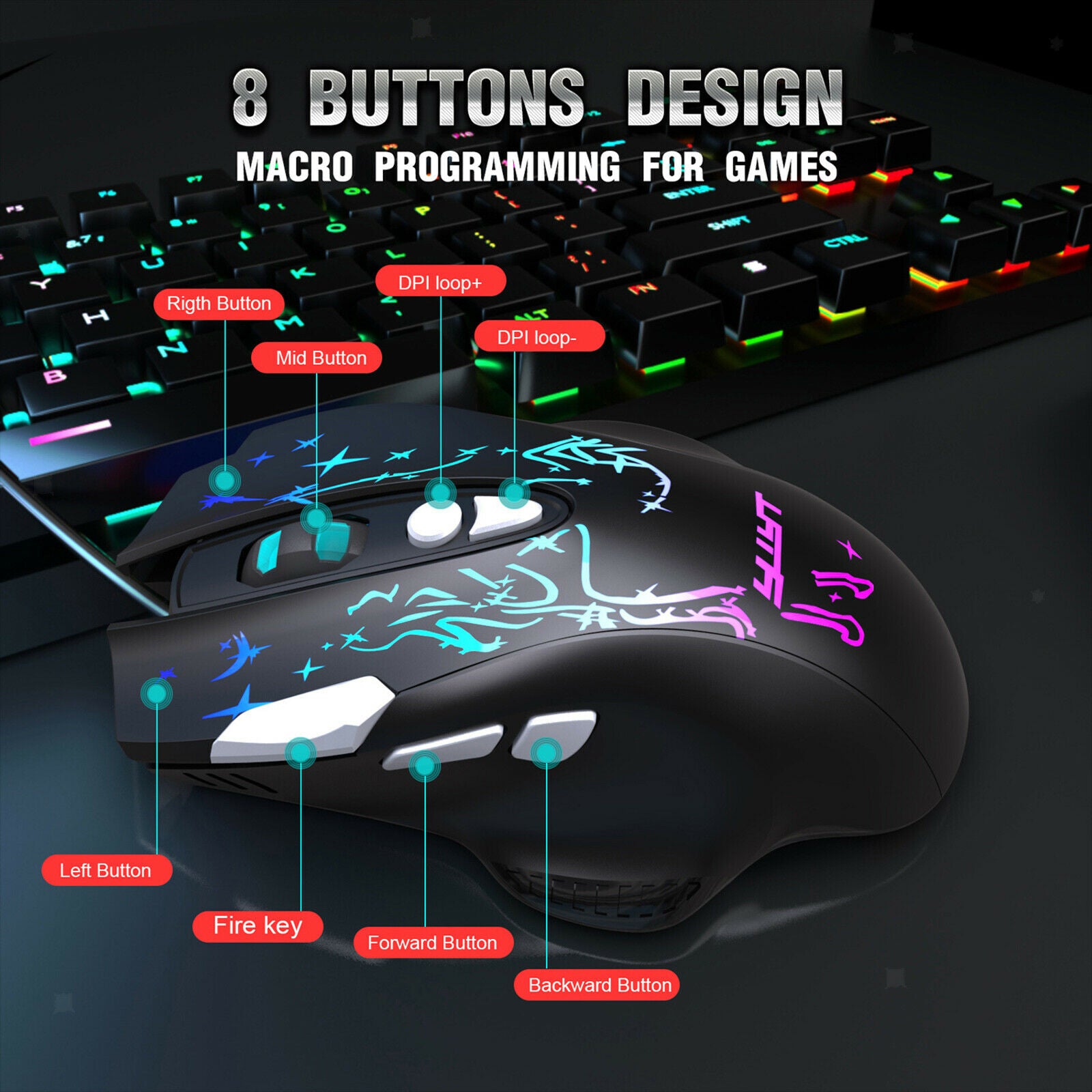 USB RGB Wired Gaming Mouse 6400 DPI Gamer Optical Mice with Side Buttons