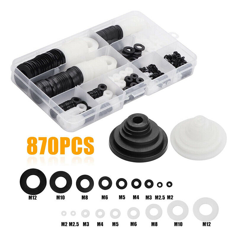 870Pcs M2-M12 Nylon Rubber Flat Ring Washers Washers Assortment Kit Mix Sets