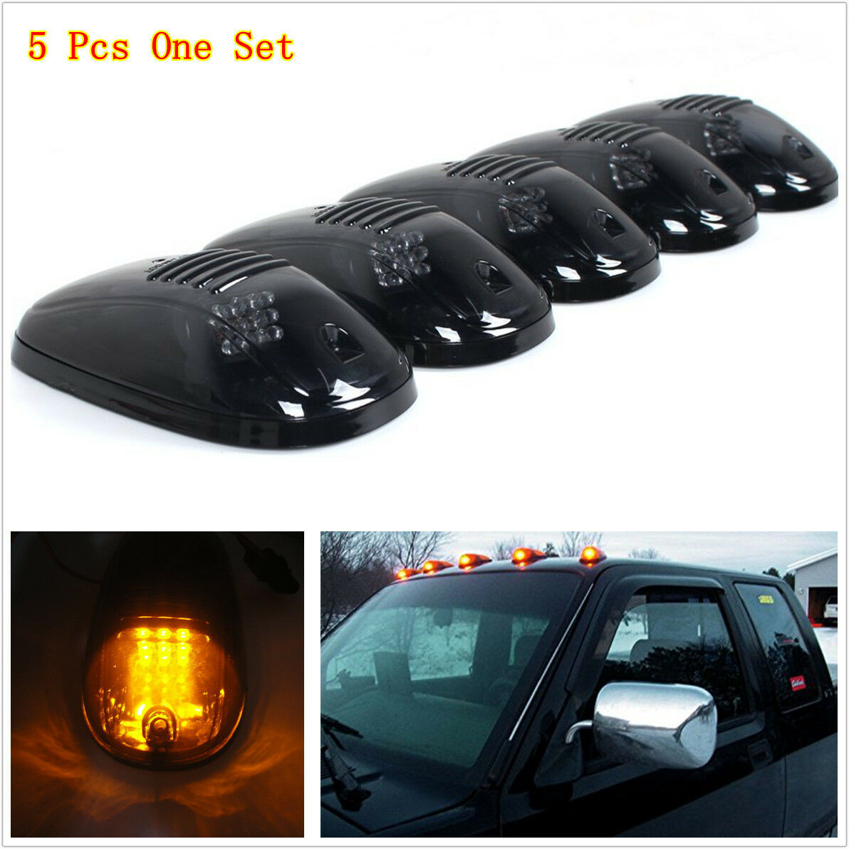 5Pcs Smoked Lens SUV Truck Off Road Cab Roof Top Amber LED Marker Running Lights