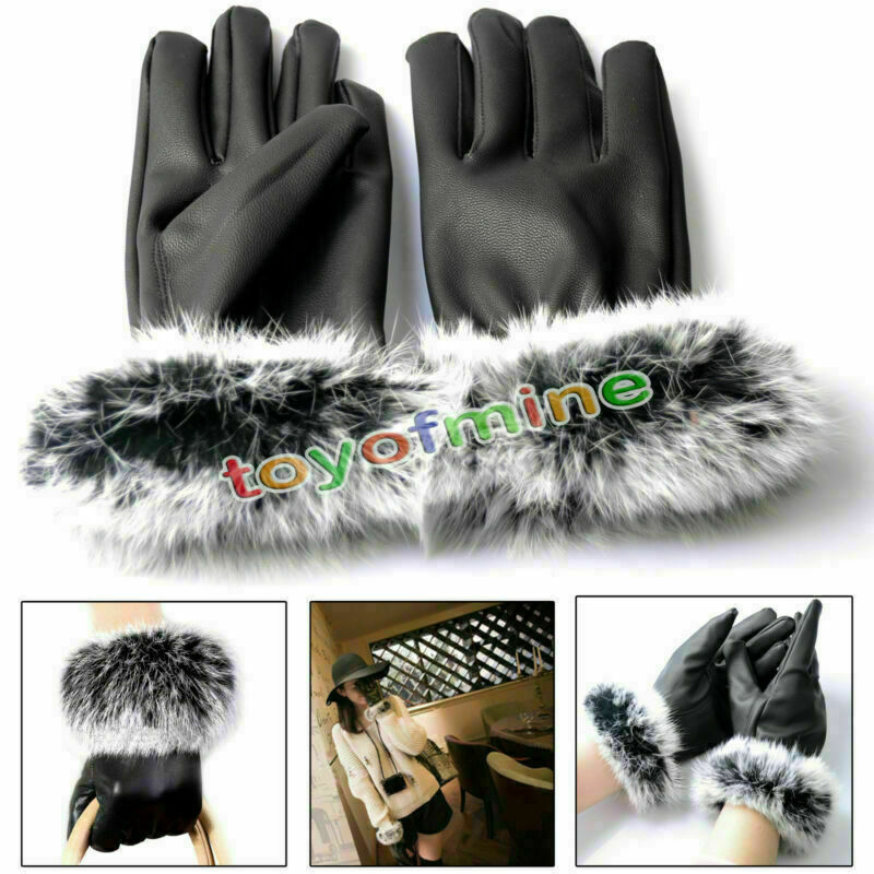 New Fashion Lady Winter Gift Warm Rabbit Fur&PU Leather Five Finger Gloves Black