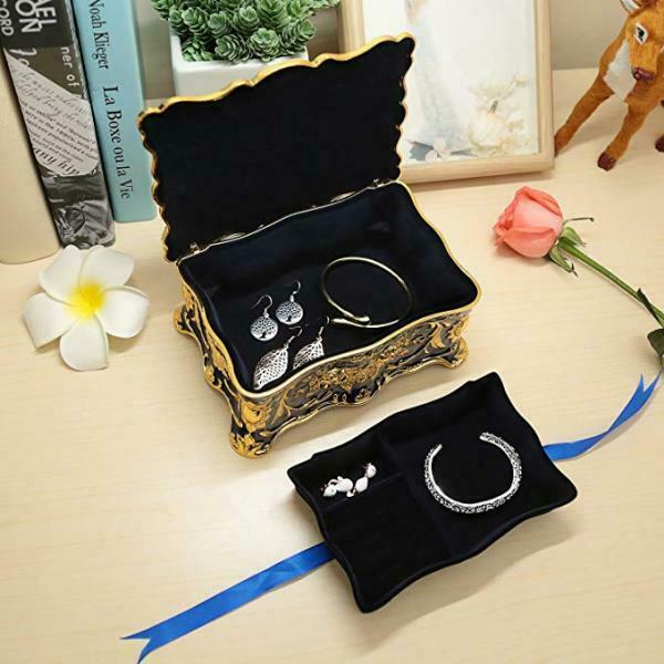 Retro Enamel Flower Sculpture Trinkets Chest Jewelry Box Organizer Dark Blue