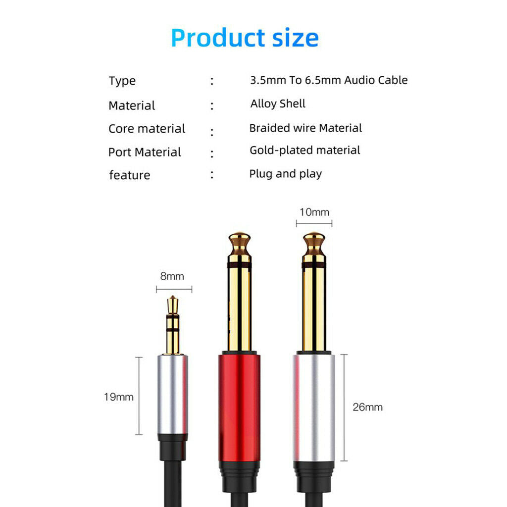 Stereo 1/8" Mini Jack to Dual 1/4" Cable Smartphones 3.5mm to Mixer 6.35mm Cord