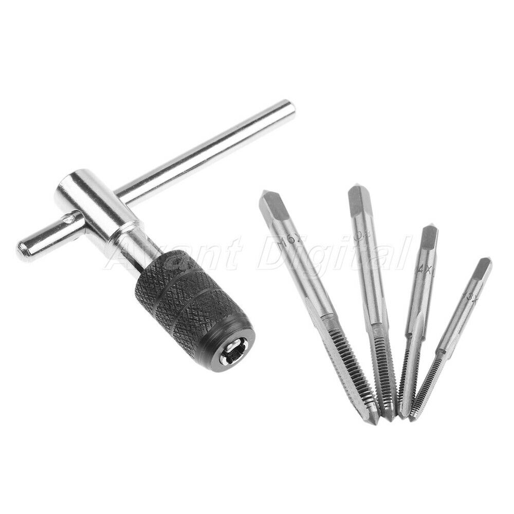 5Pcs Screw Thread Taps Drills Bits Kit Set with Wrench Woodworking Hand Tool