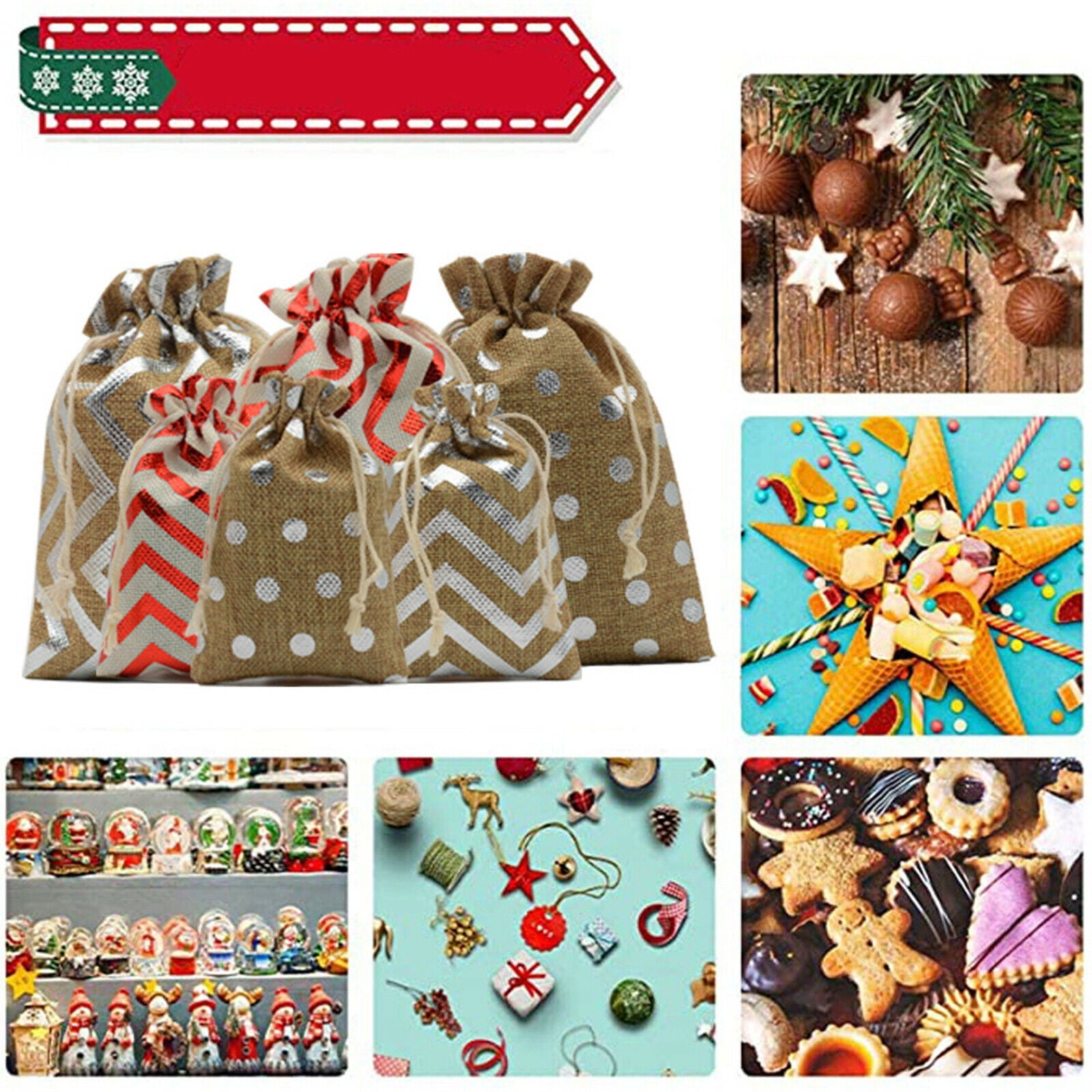 Set of 24 Christmas Advent 24 Days Burlap Countdown Candy Gift Bags 10x14cm
