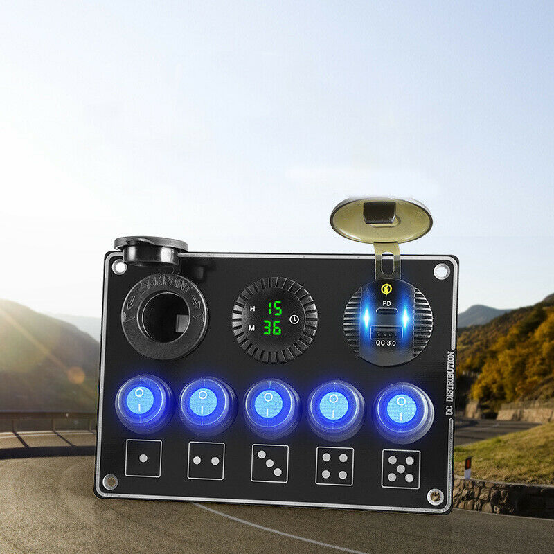LED Clock Digital Display PD QC3.0 Cigarette Lighter Charge 5-port Switch Panel