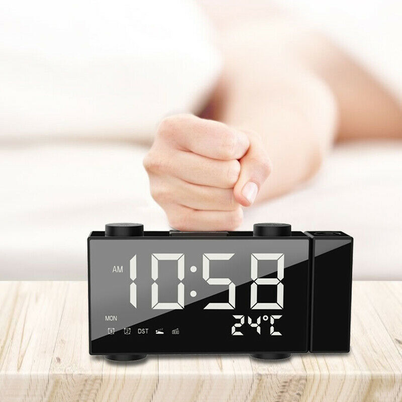 Alarm Clock 180Â° Rotating LED Projection Time Display Temperature Loud FM Radio