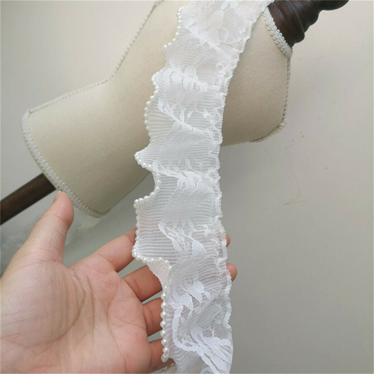 50cm Polyester 2 Layer Bead Pleated Lace Trim Ribbon Dress Cuff Sewing DIY Craft
