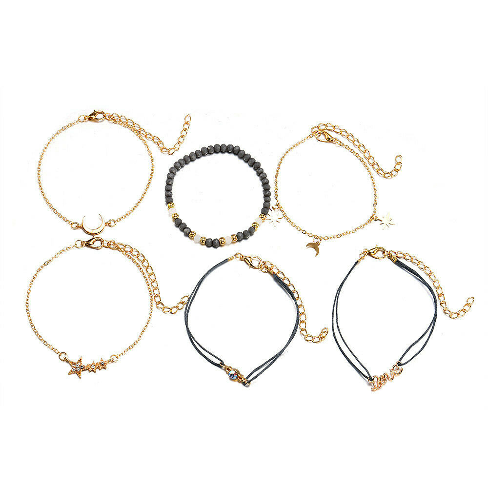 6PC Fashion Women Crystal Moon Star Adjustable Open Bangle Bracelet Jewelry ~
