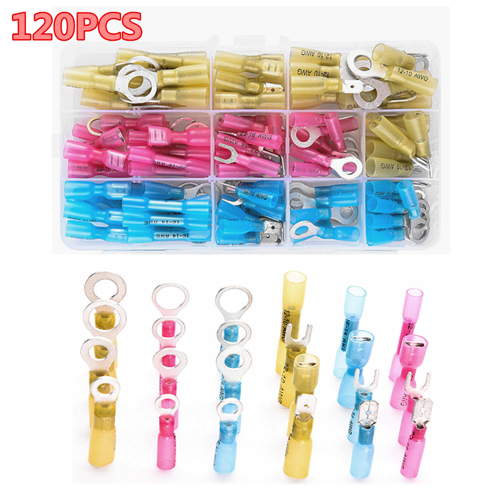 120PCS Assortment Heat Shrink Ring Spade Fork Crimp Terminals Wire Connectors