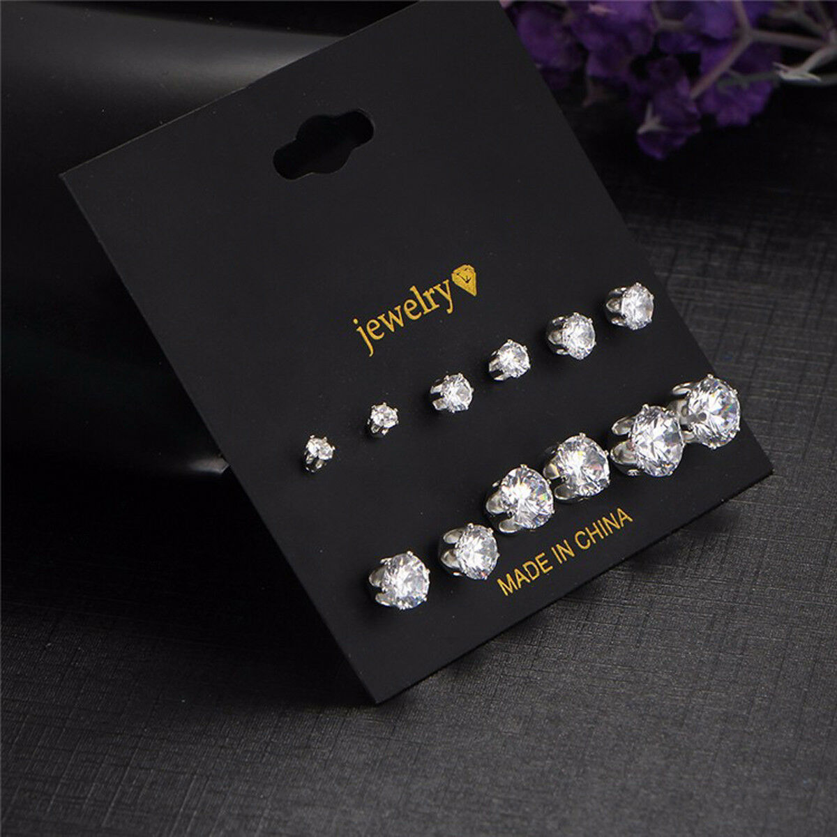 6Pairs/Set Women's Fashion Jewelry White Cubic Zircon Crystal Ear Stud Earrings