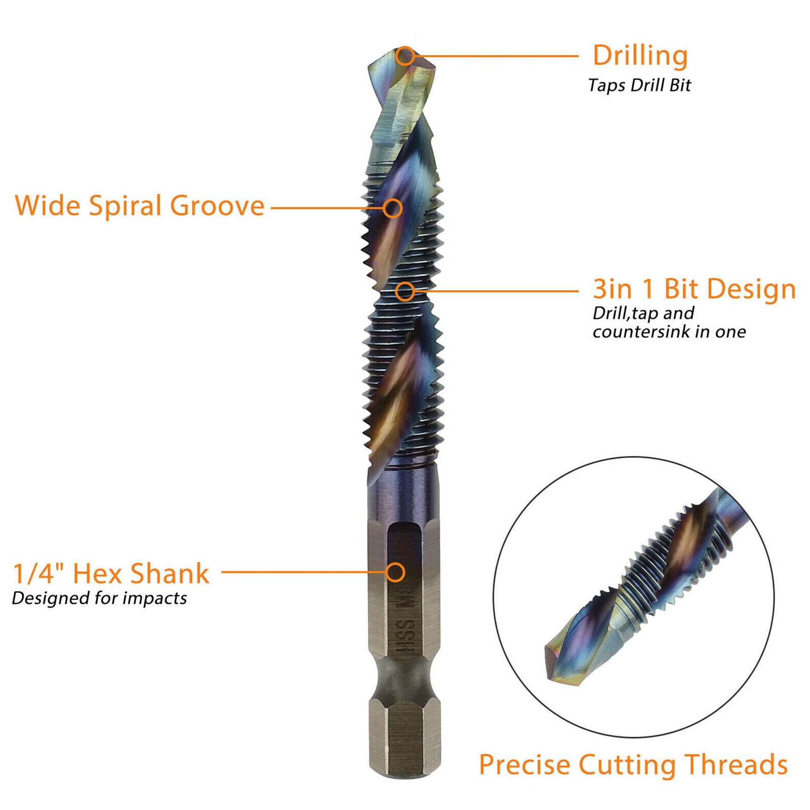 1/4" HSS Hex Shank Titanium Plated Screw Thread Drill Bits Set M3- M10 Tap 12Pcs