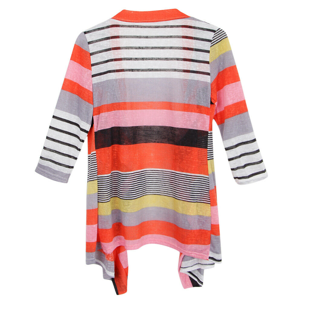 Women's 3/4 Sleeve Irregular Stripe Open Front Shawl Kimono Cardigan Red S