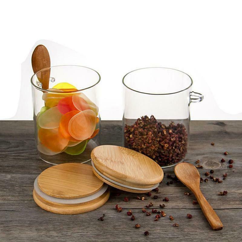 Sugar Bowl with Bamboo Lid and Spoon Clear Glass Canister Jar for Kitchen Storag
