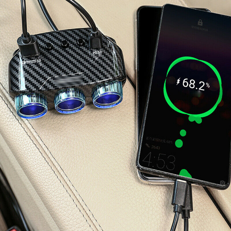Cigarette Lighter Socket Splitter Dual USB Car Charger Power Adapte Carbon Color