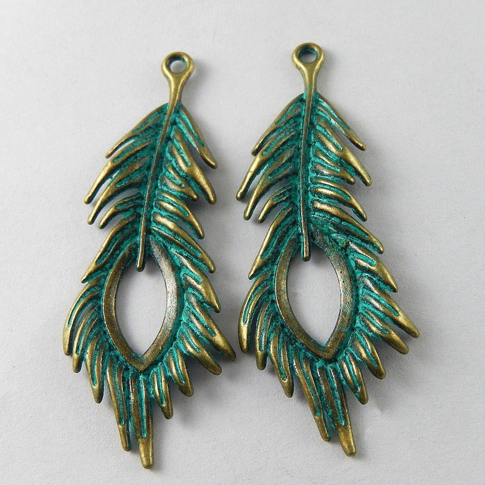 10 pcs Antiqued Zinc Alloy Patina Green Peacock Feather Charms Pendant 71x27mm