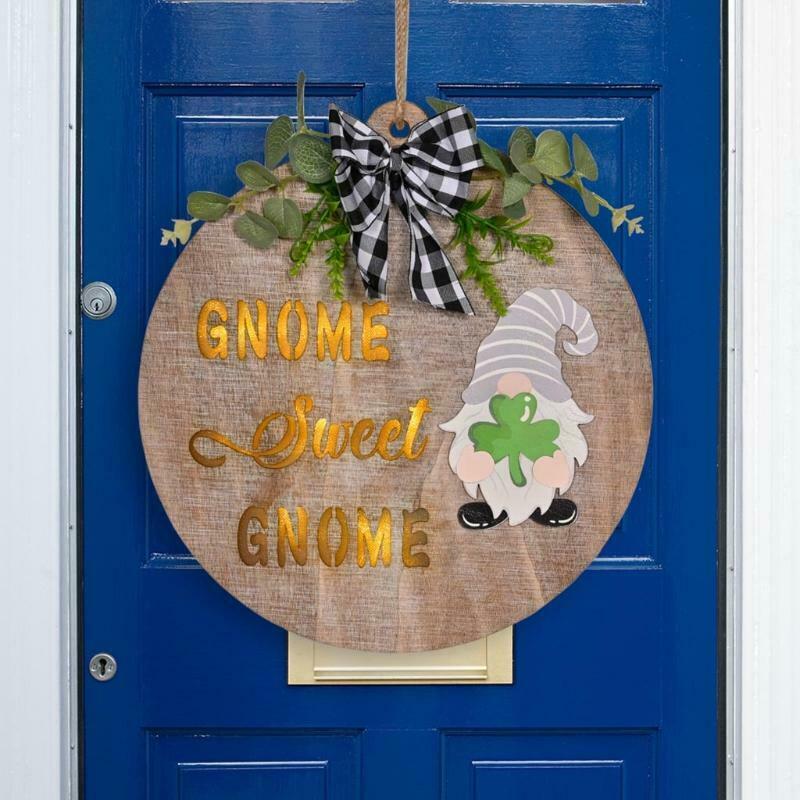 Green Leaf Plaid Bow Glowing Christmas Gnome Front Door Hanger Decor with Parts