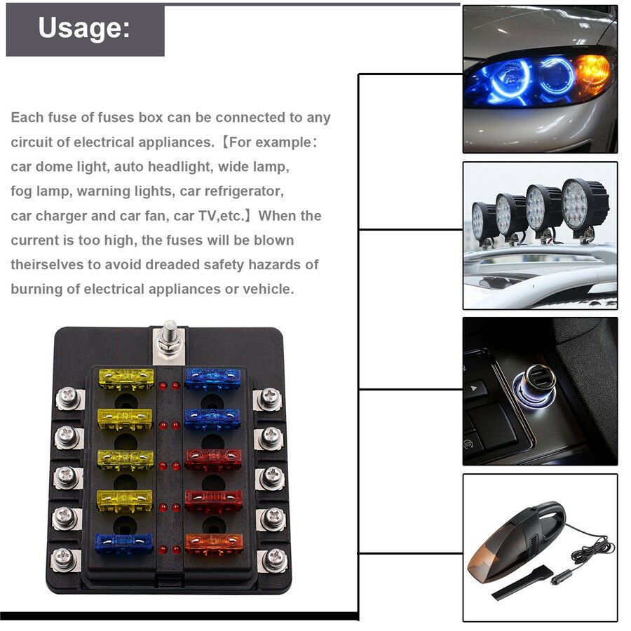 12-32V Auto Car 10 Way Circuit Standard Blade Fuse Box Block Holder w/ Fuses Kit