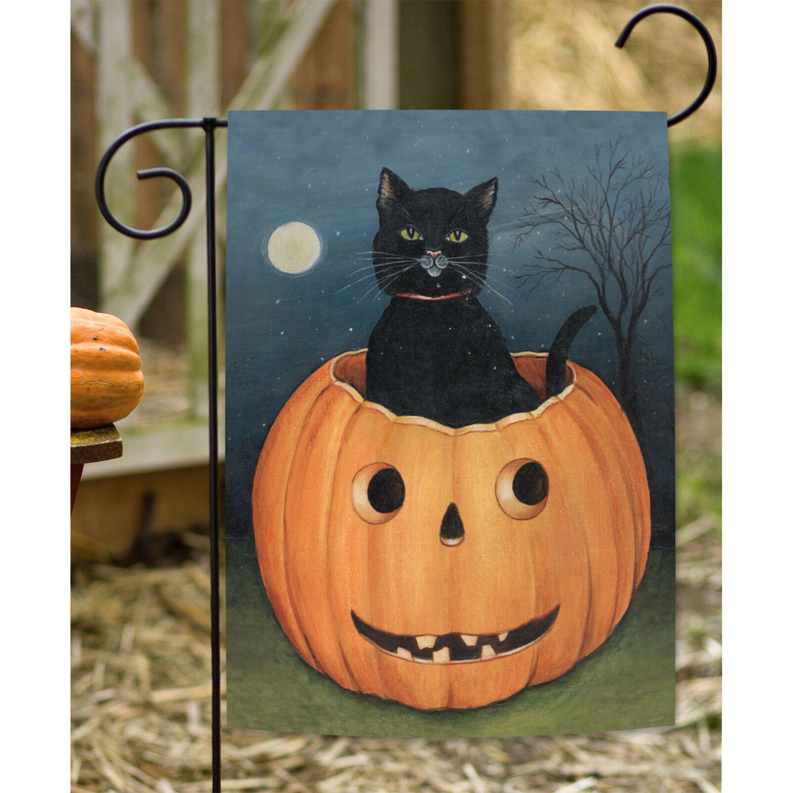 Toland Hallow Cat 12.5 x 18 Americana Black Kitty Moon Pumpkin Garden Flag