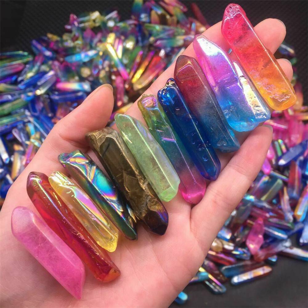 Lot Large Titanium Rainbow Aura Lemurian Quartz Crystal Point Healing 100g UK