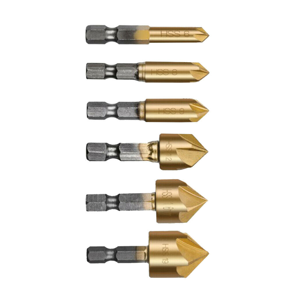 6pcs 90° HSS 5 Flute Durable Countersink Drill Bit Chamfer Cutter 6mm-19mm