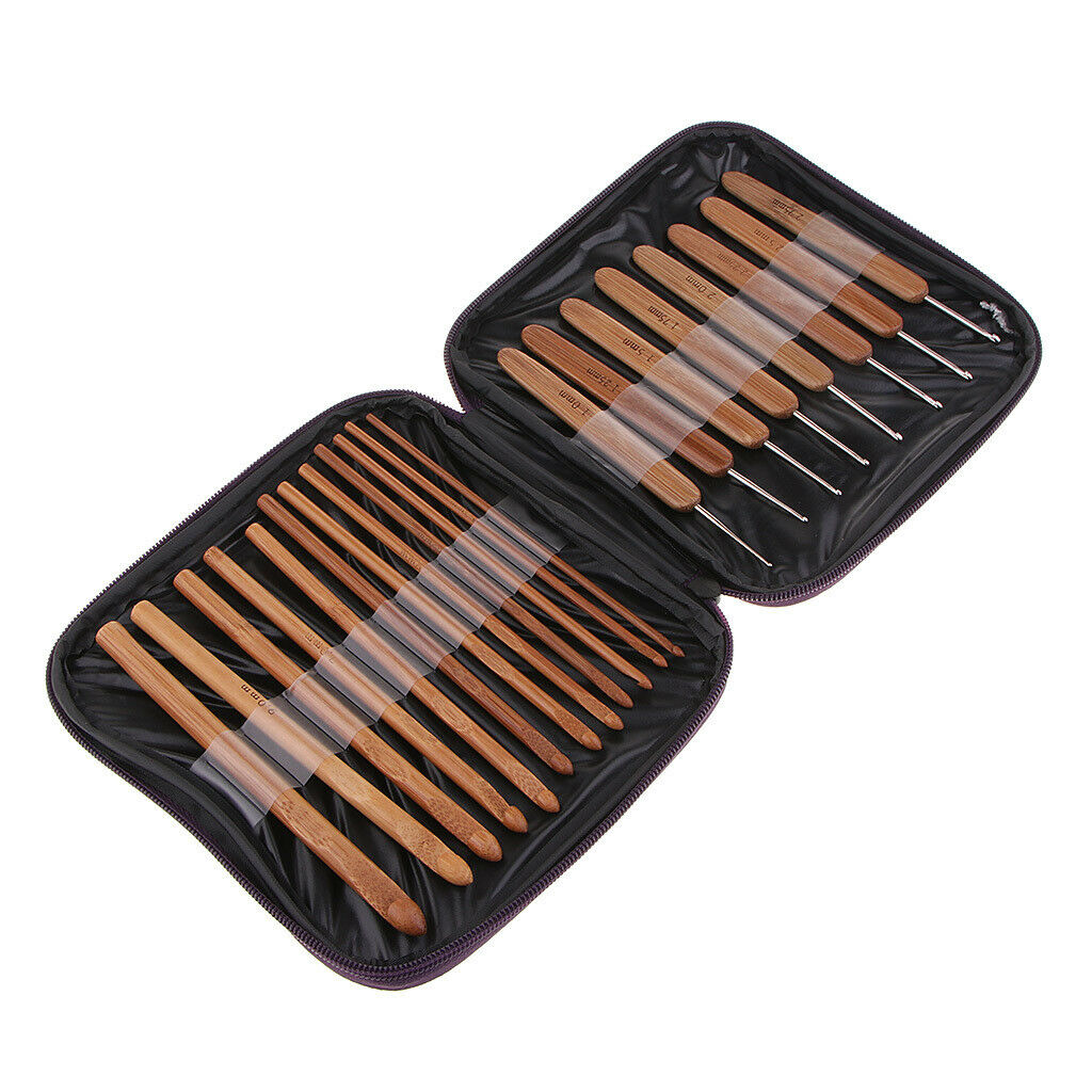 Banboo Hard Handle Crochet Hooks Knitting Knit Needles Weave Yarn Set - 20pcs
